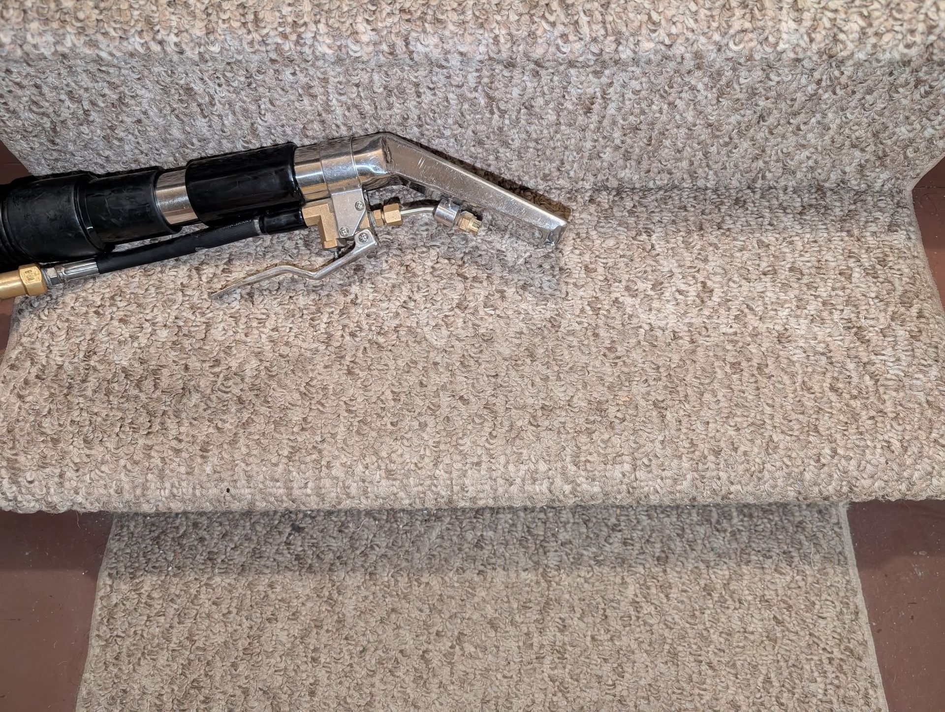 Carpet being cleaned on stairs with a professional cleaning tool; beige carpet.