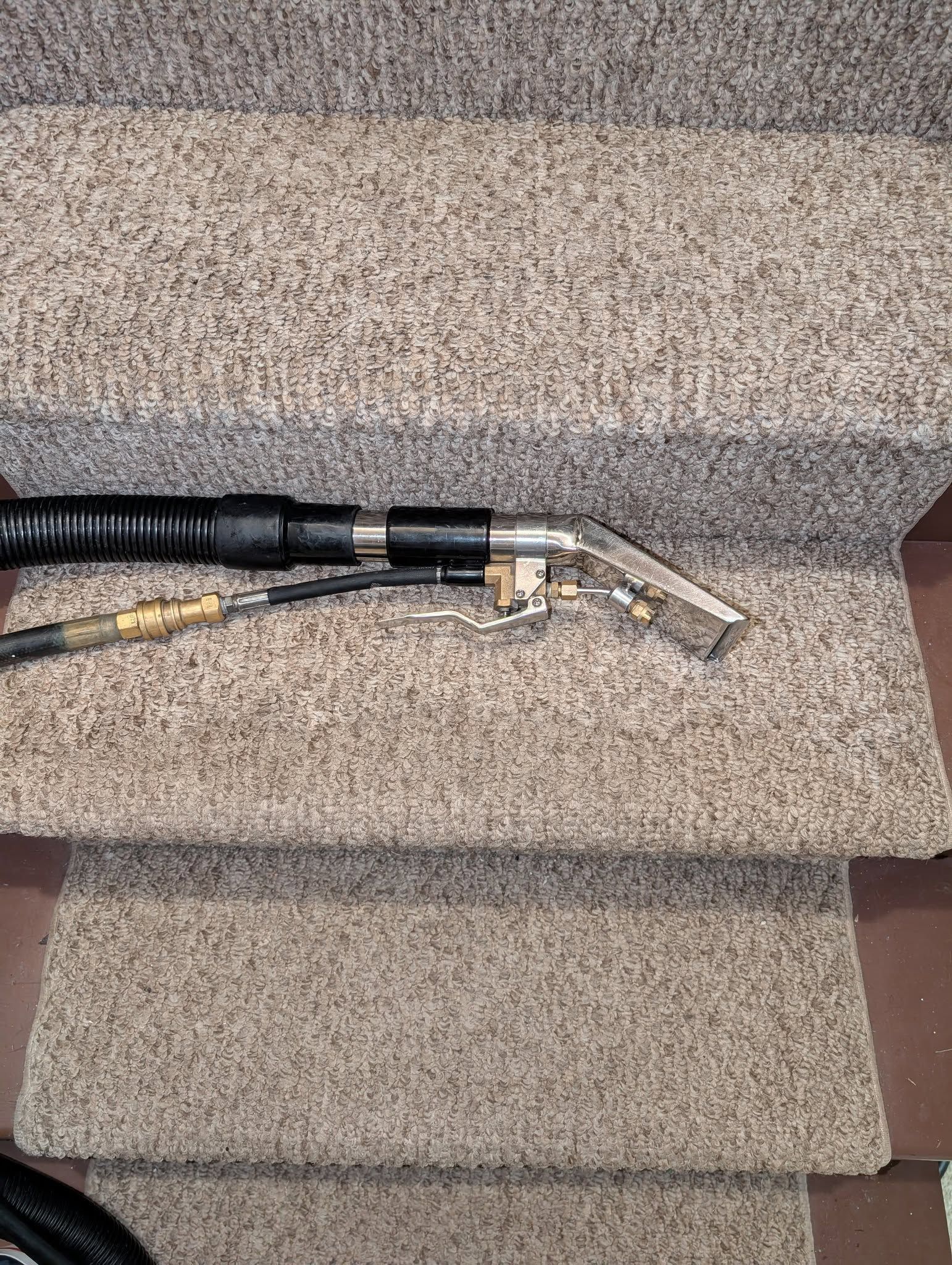 Carpet cleaning tool on beige carpeted stairs.