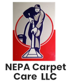 Logo of NEPA Carpet Care LLC. A person using a carpet cleaner inside a red and white circular design.
