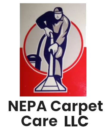 Logo of NEPA Carpet Care LLC. A person using a carpet cleaner inside a red and white circular design.