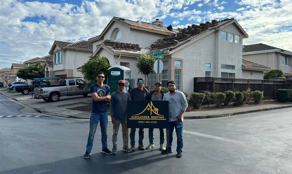 An ad for alexander roofing shows a collage of pictures