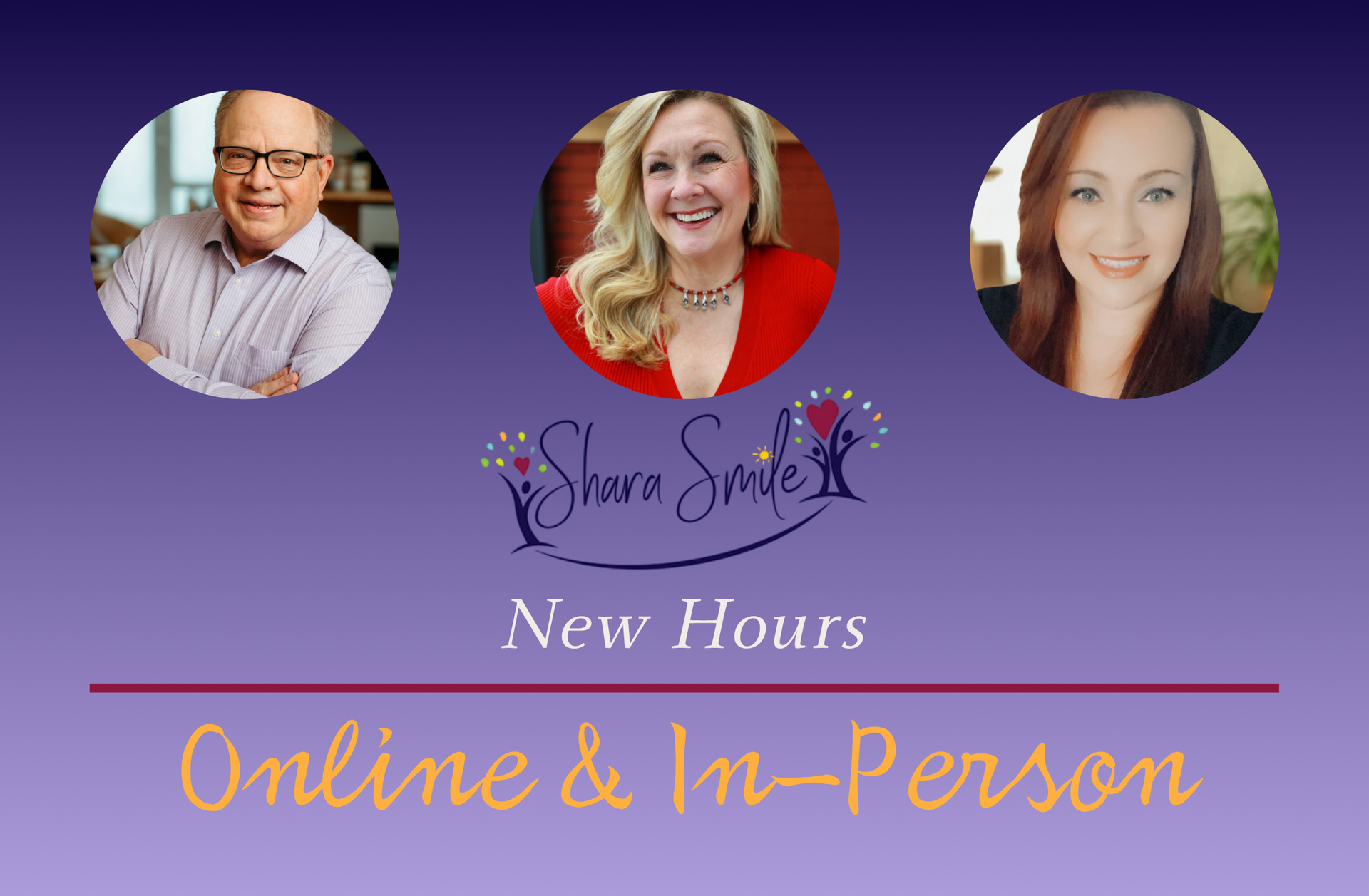 A purple background with three people and the words online and in person