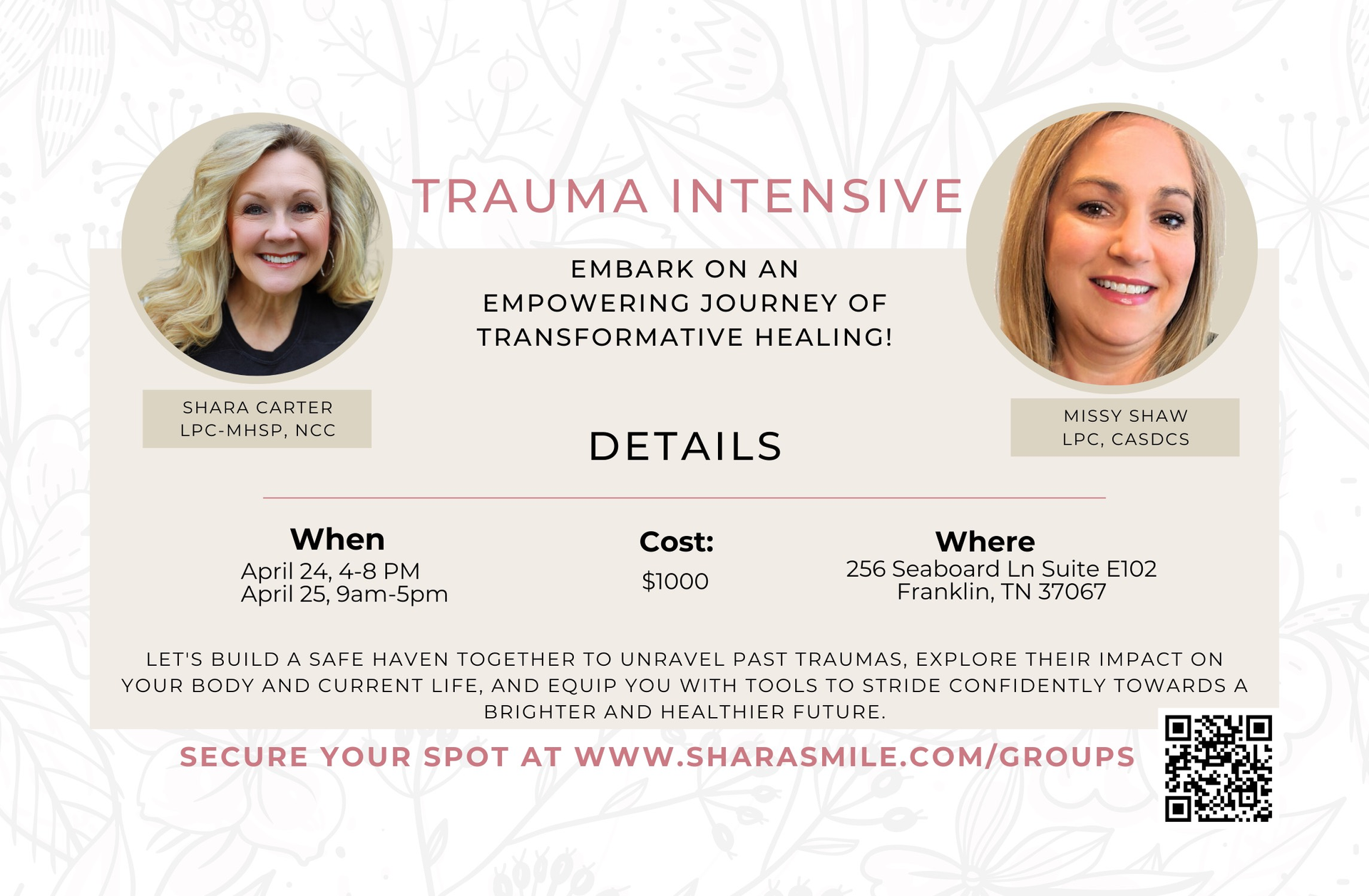 A poster for trauma intensive with two women on it