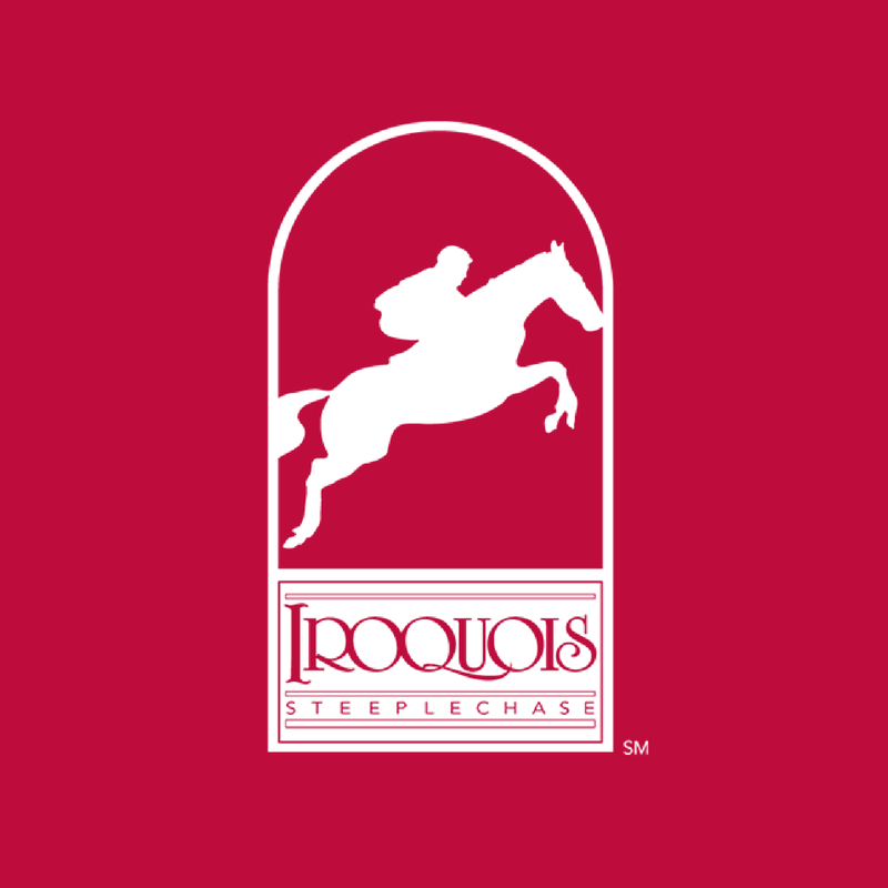 A logo for iroquois steeplechase shows a man riding a horse