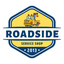 A logo for a roadside service shop with a tow truck on it.