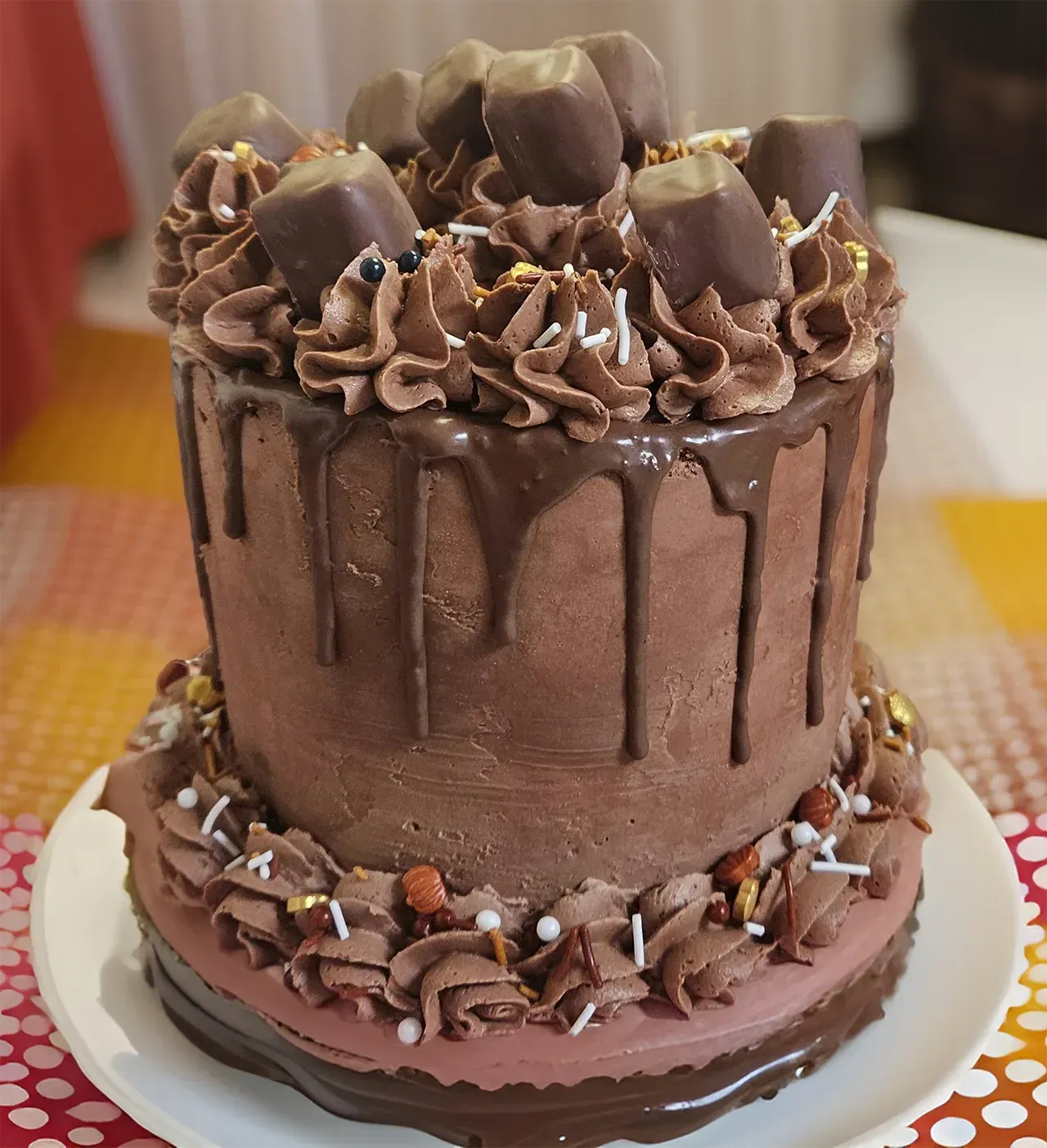 A chocolate cake with chocolate frosting and candy on top