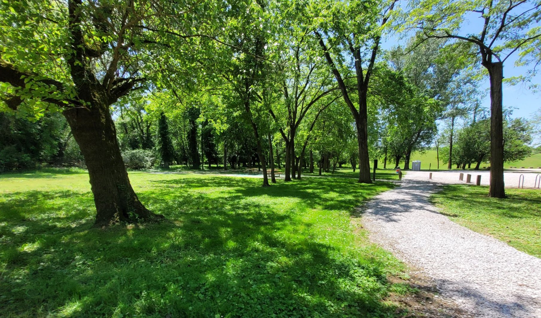 Lush green park with a gravel path, trees casting shadows on the grass, sunny day.
