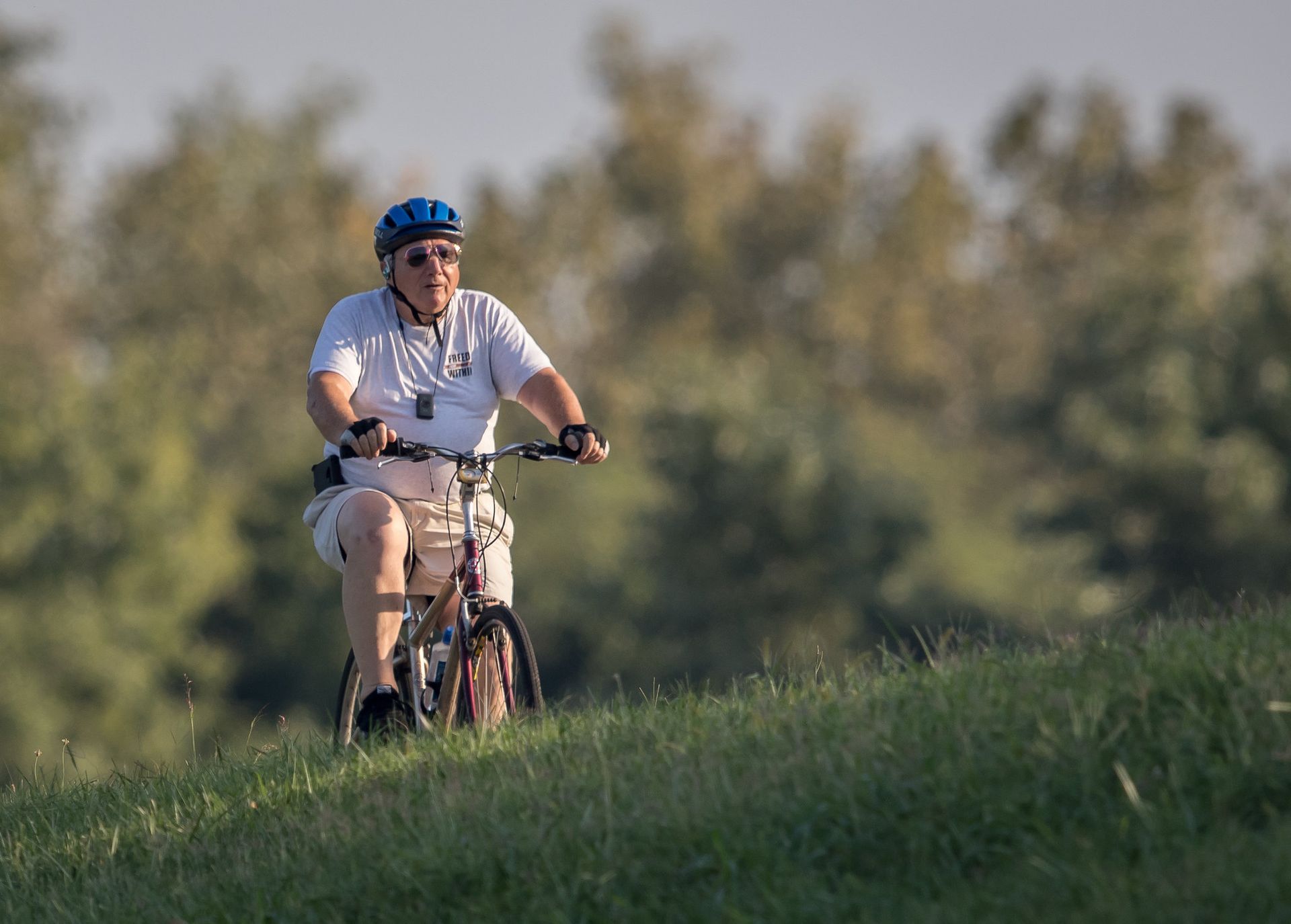 Man riding bicycle uphill on a grassy hill, wearing a helmet and shorts, with trees in the background.