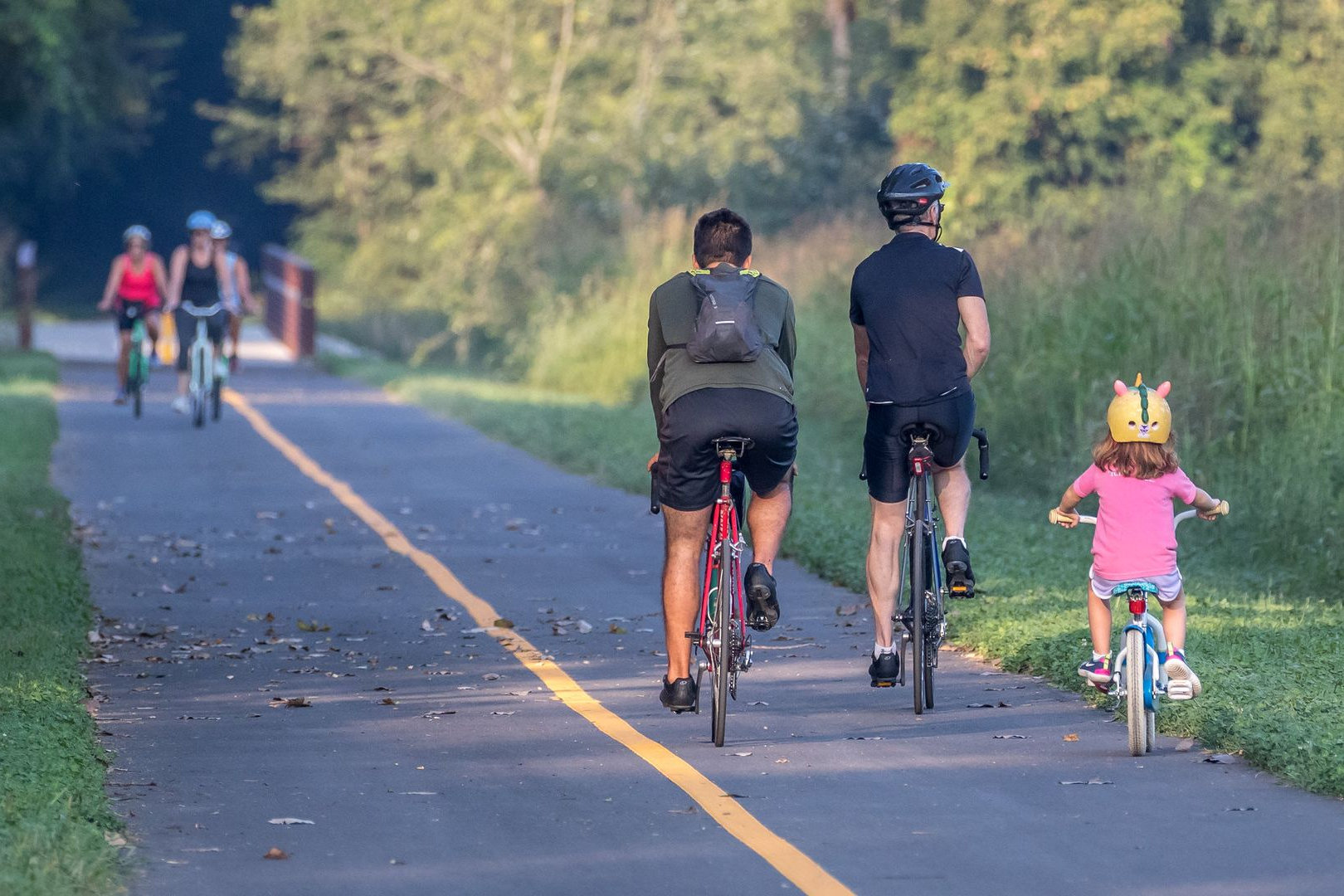 People riding bikes on a paved path with a yellow line, trees on either side.