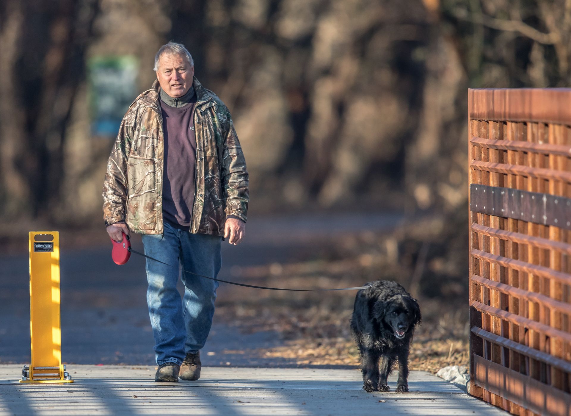 A man is walking a dog on a leash on the Ohio River Greenway.