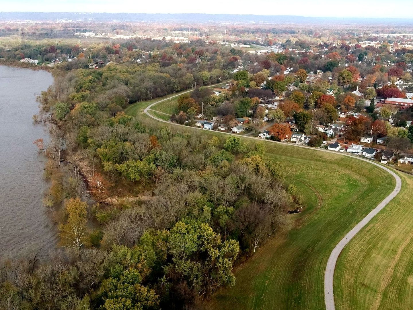 An aerial view of the Ohio River Greenway, south shore of Origin Park. 