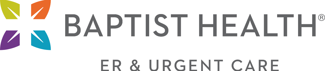 Baptist Health ER & Urgent Care logo with colorful leaf design.