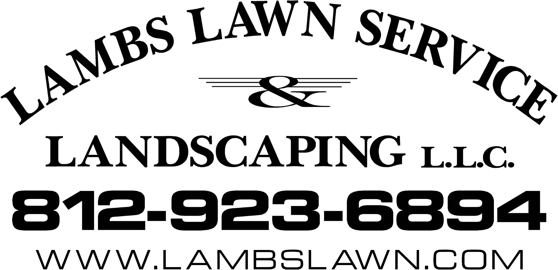 Lambs Lawn Service logo: text with phone number and website.