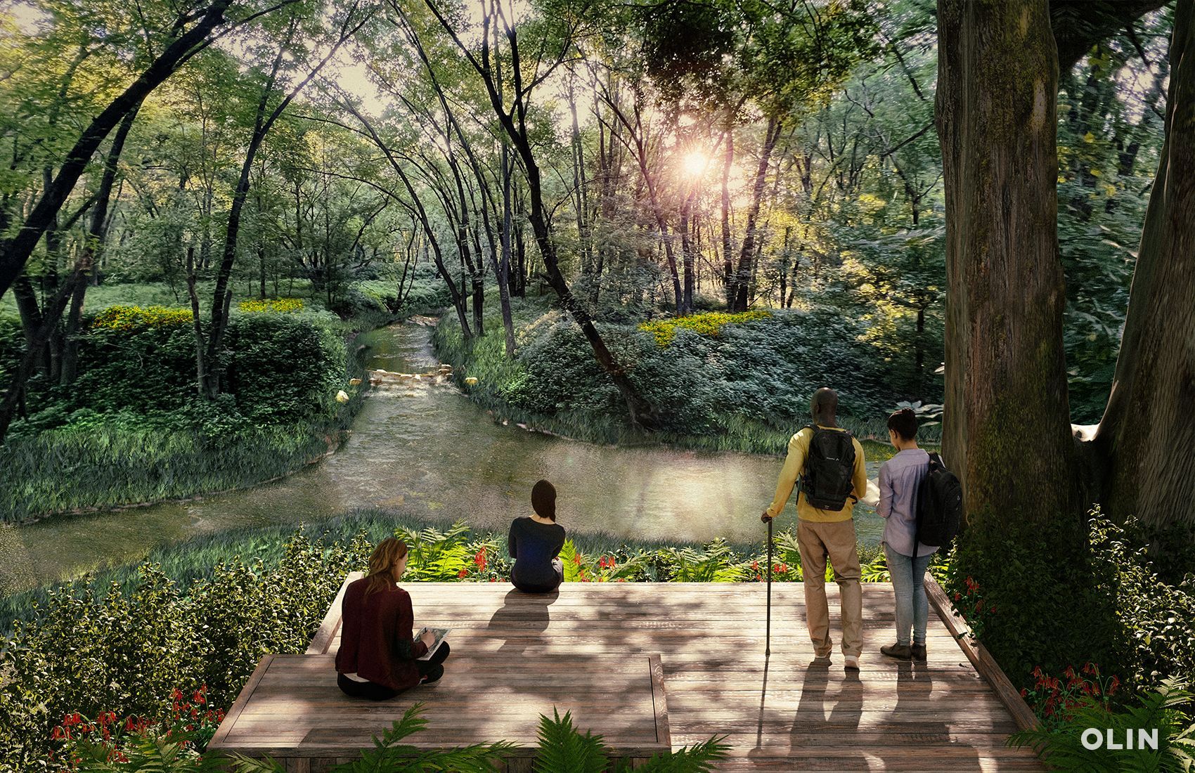 A group of people are sitting on a wooden platform in the middle of  Buttonbush woods.