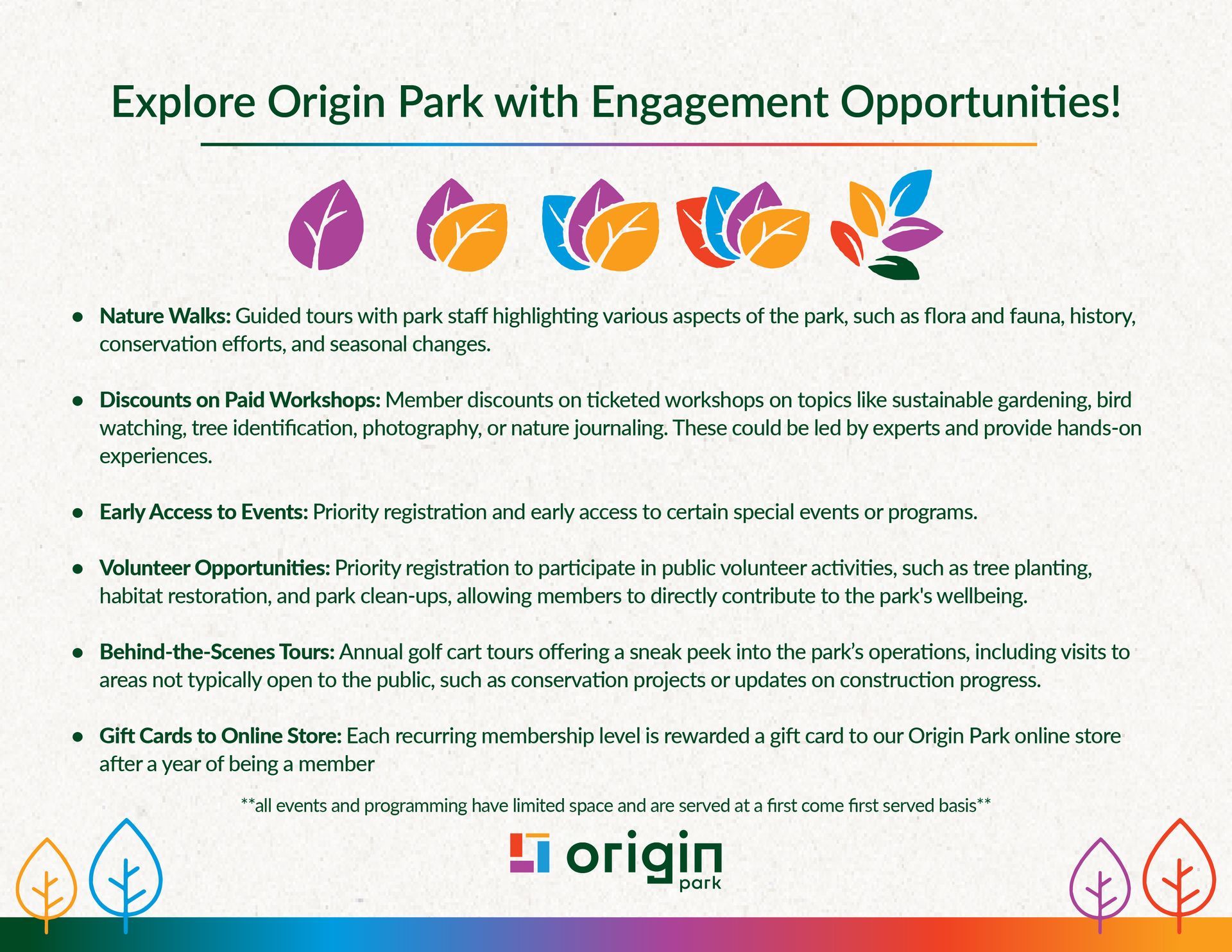 A poster that says `` explore origin park with engagement opportunities ! ''