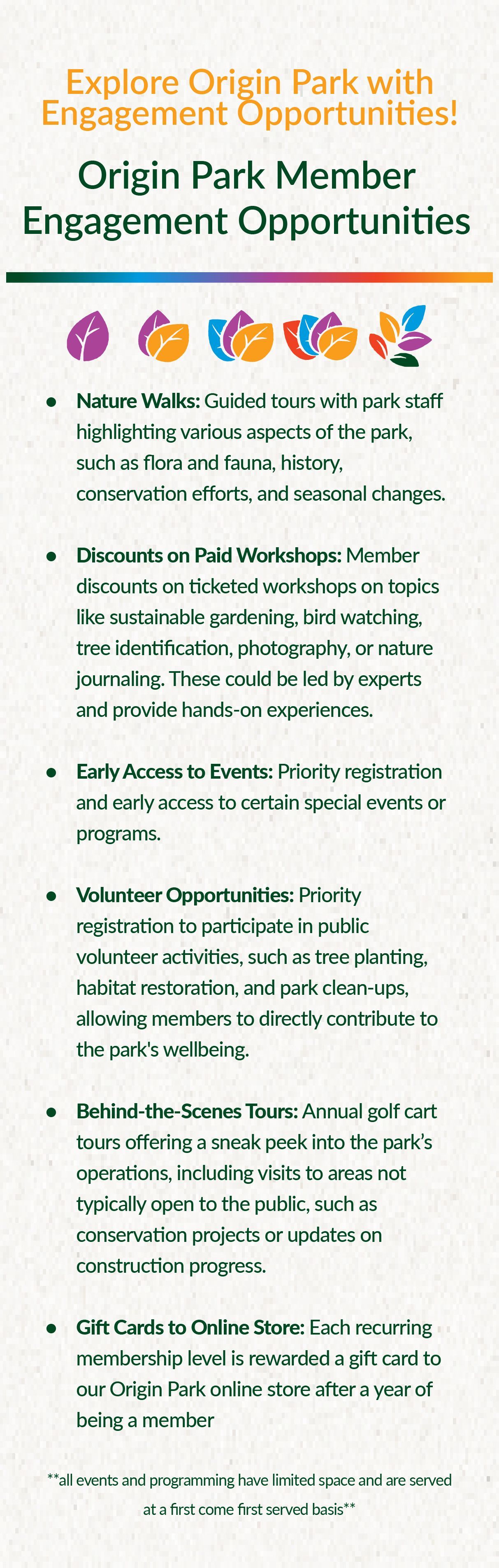 It is a flyer that says `` explore origin park with origin park member engagement opportunities ''.