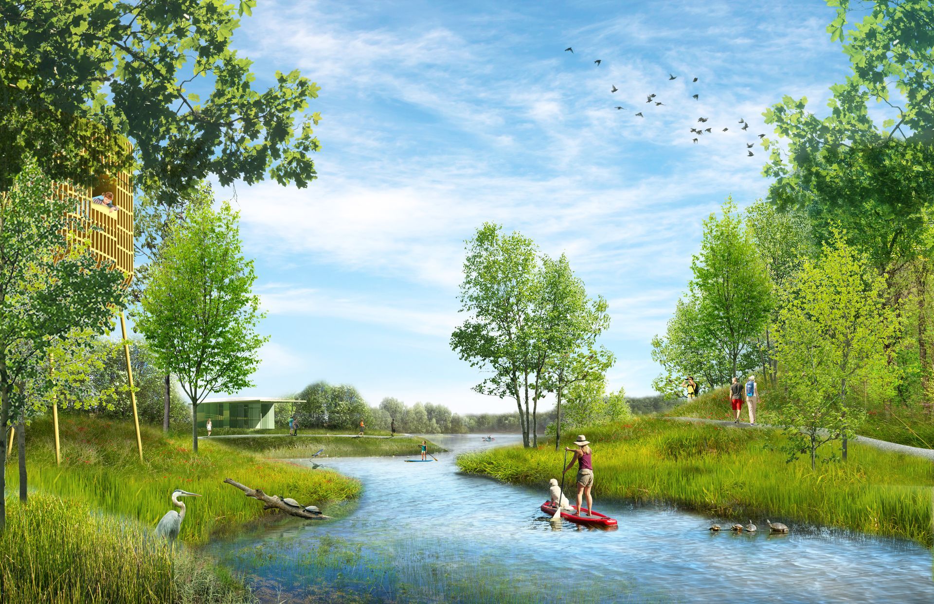 An artist 's impression of a paddle boarding in Origin Park.