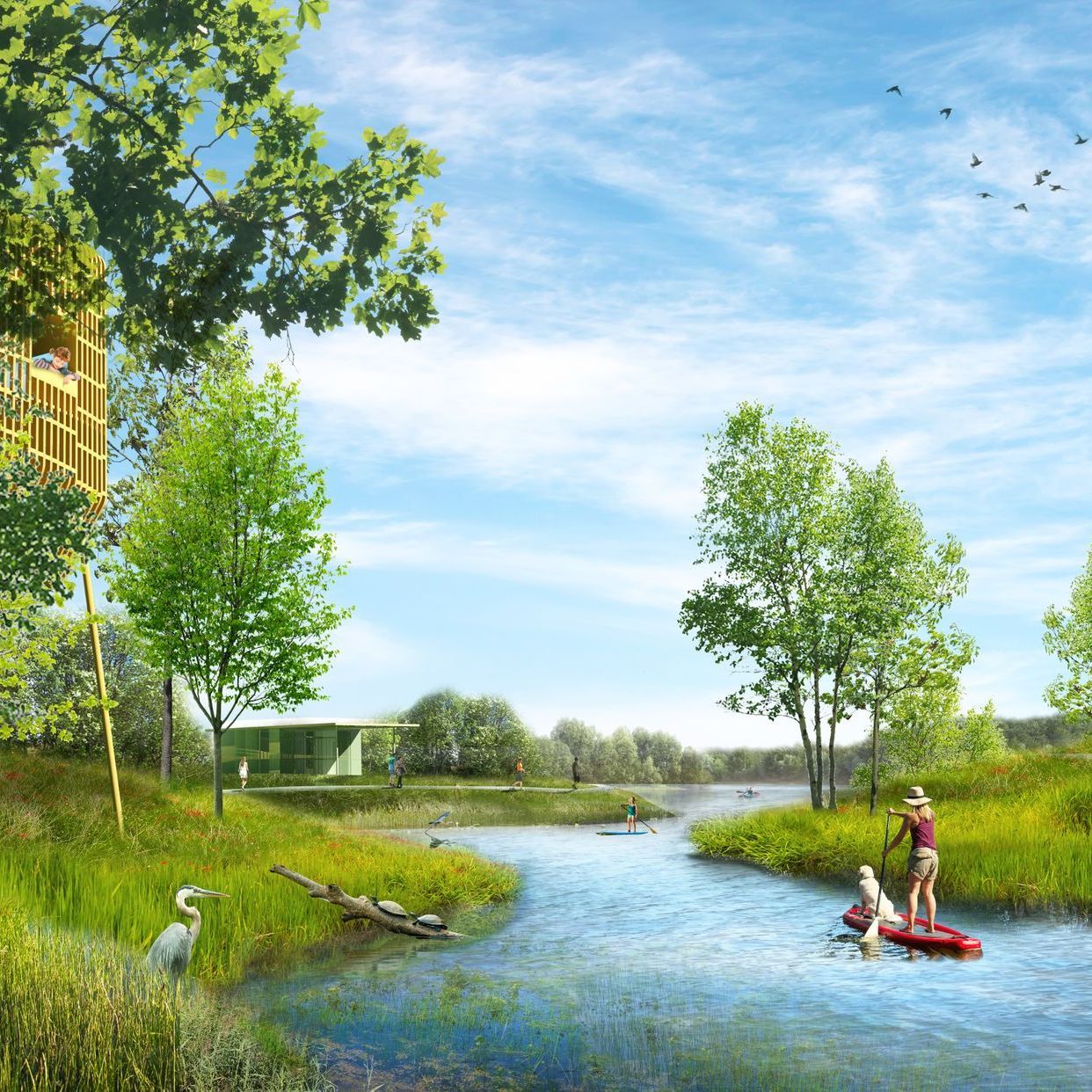 An artist 's impression of a river with a house in the background