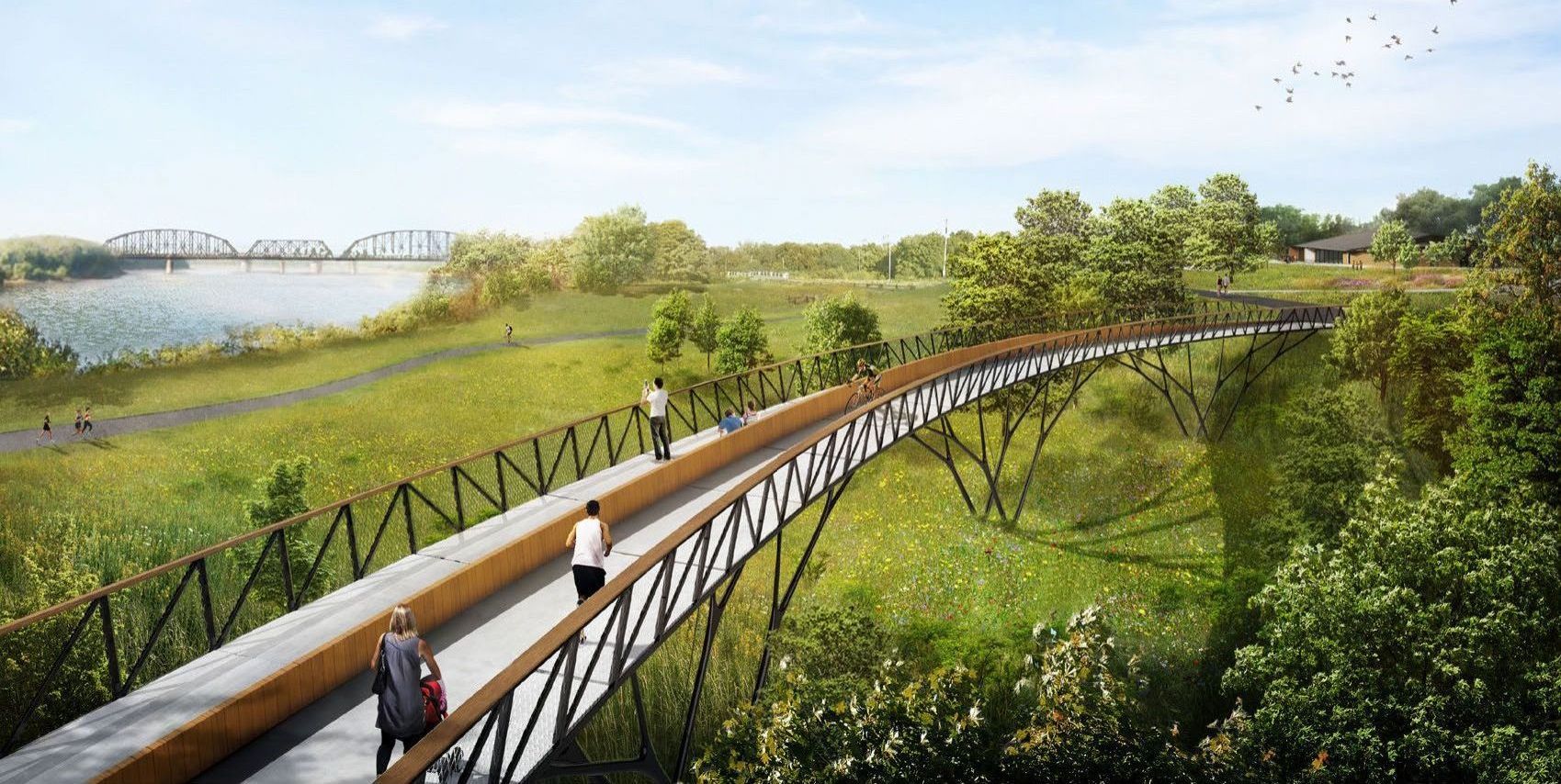 An artist 's impression of a revene bridge over looking the Ohio River.