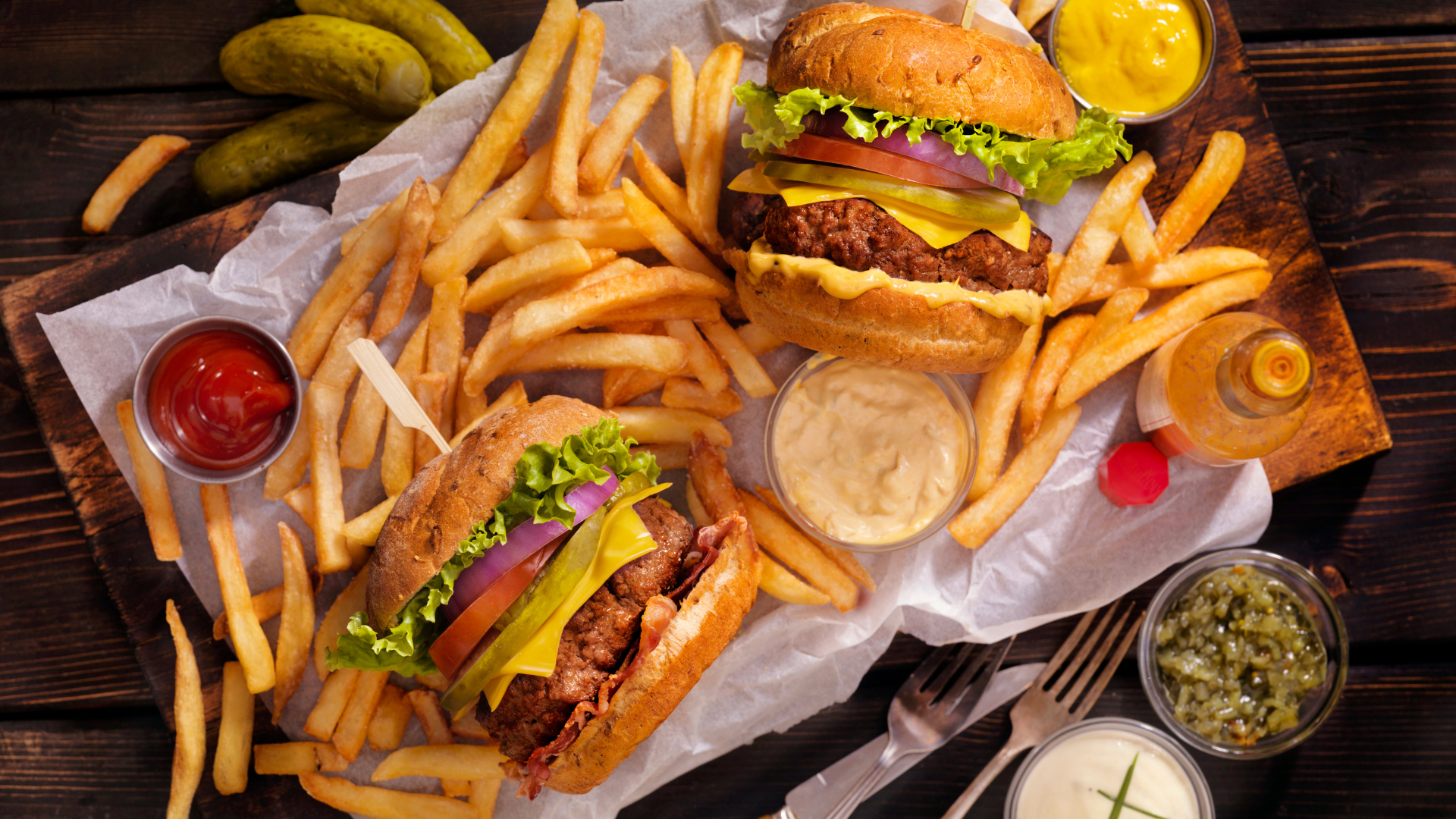 A wooden cutting board topped with hamburgers and french fries.
