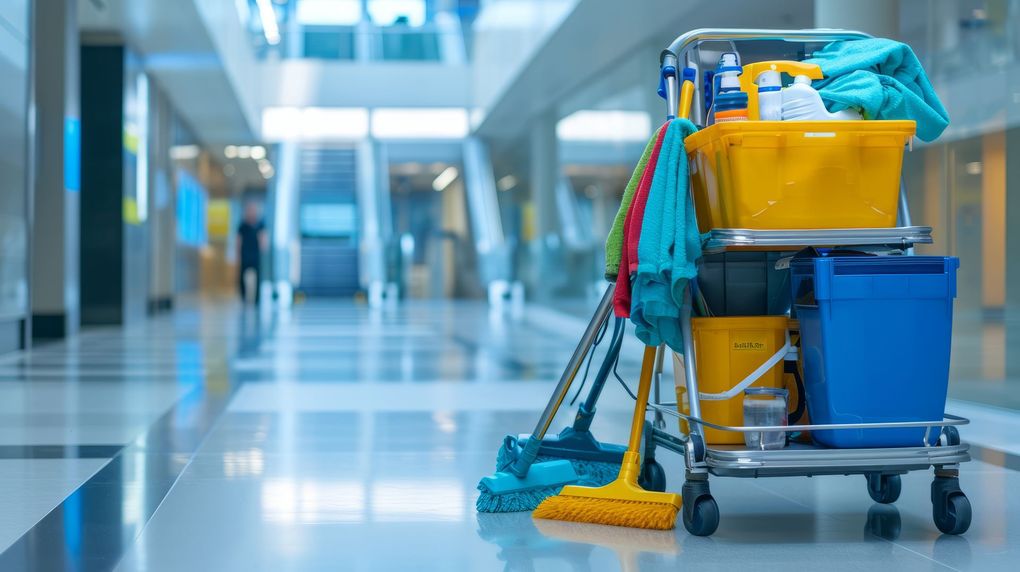 Cleaning cart with buckets, mops, and supplies in a hallway with an escalator.