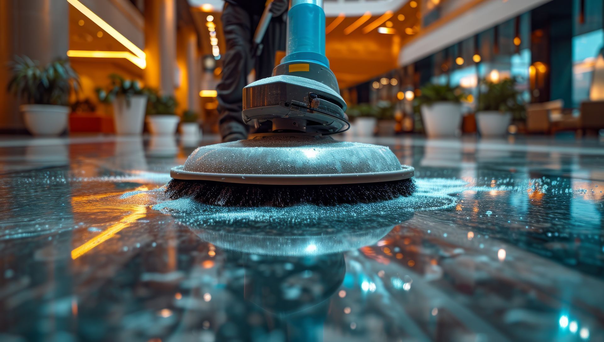 Floor cleaning machine scrubbing a shiny marble floor in a building lobby.