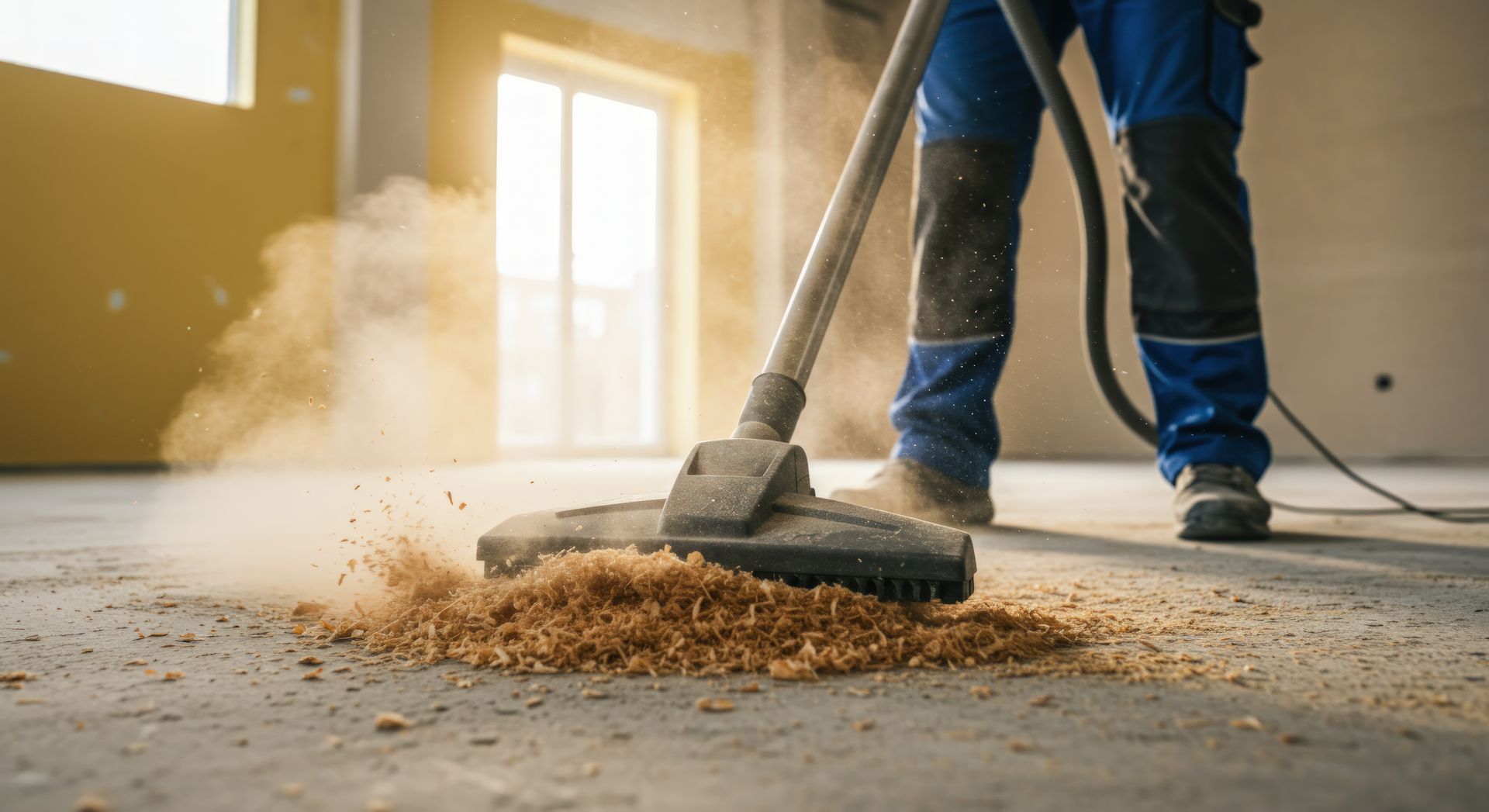 Person in blue overalls vacuuming sawdust on a concrete floor near a window.
