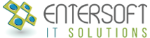Logotipo para Entersoft IT Solutions, con forma de diamante estilizado, texto en verde y gris y 