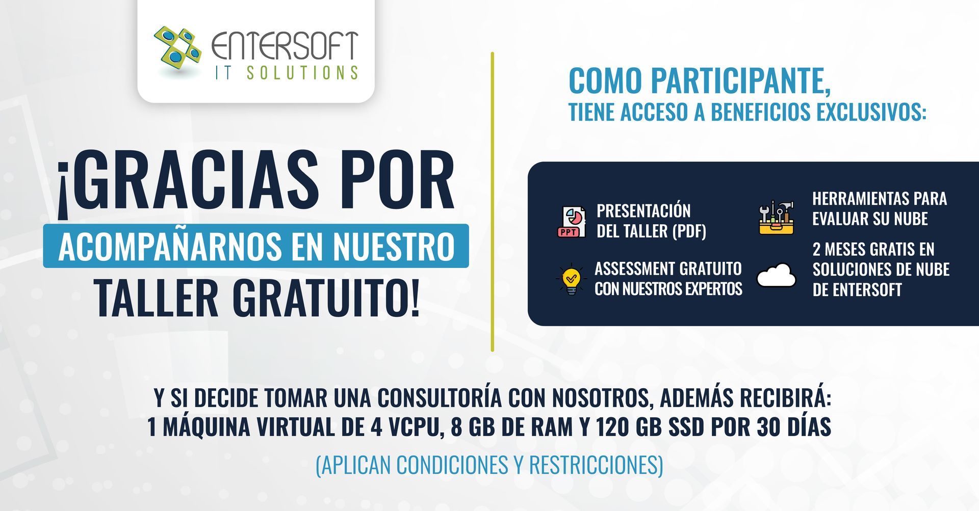 Gráfico promocional para un taller gratuito de Emersoft IT Solutions, agradeciendo a los asistentes y ofreciendo beneficios.