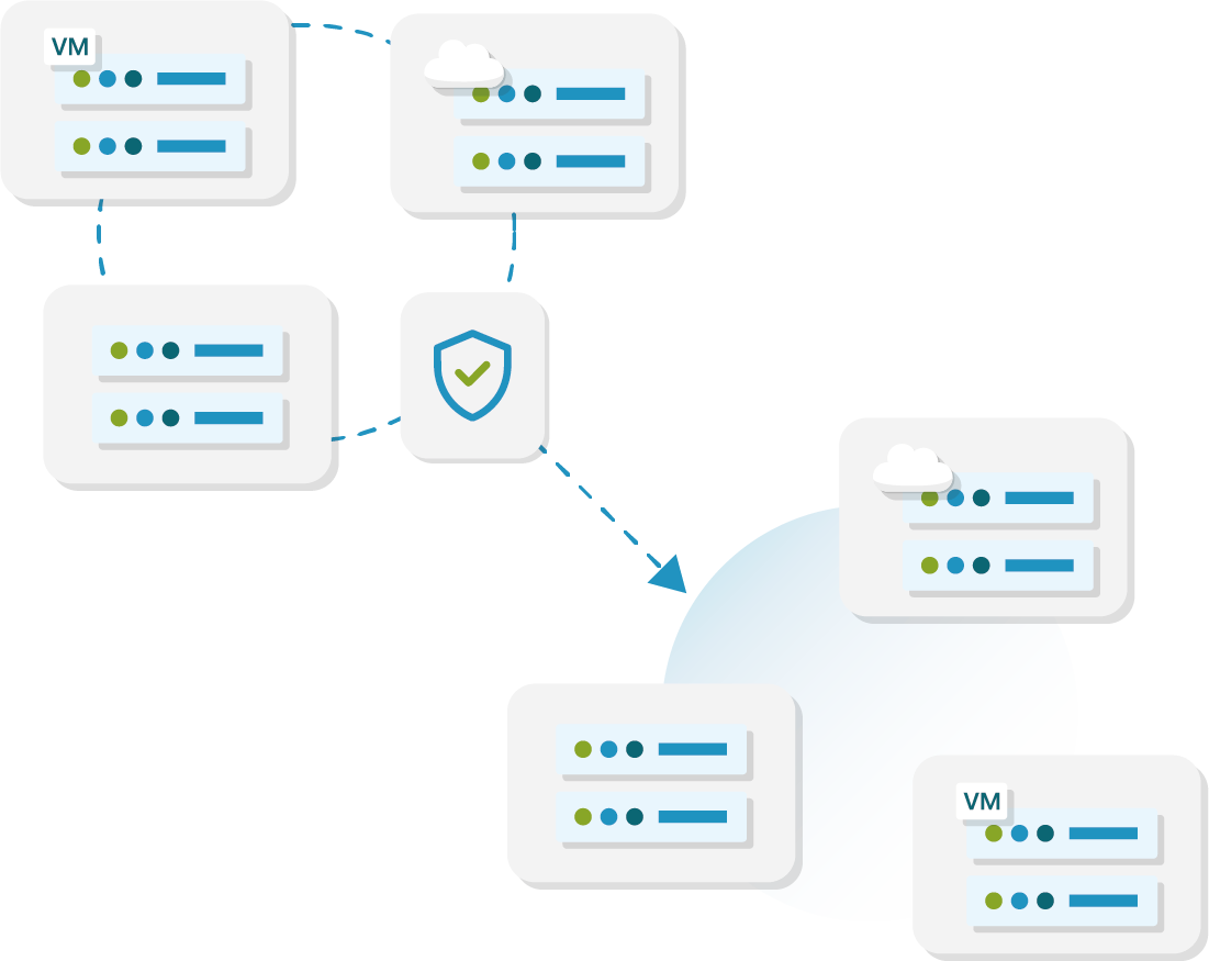 Diagrama de red de máquinas virtuales conectadas, con un escudo de seguridad en el centro.