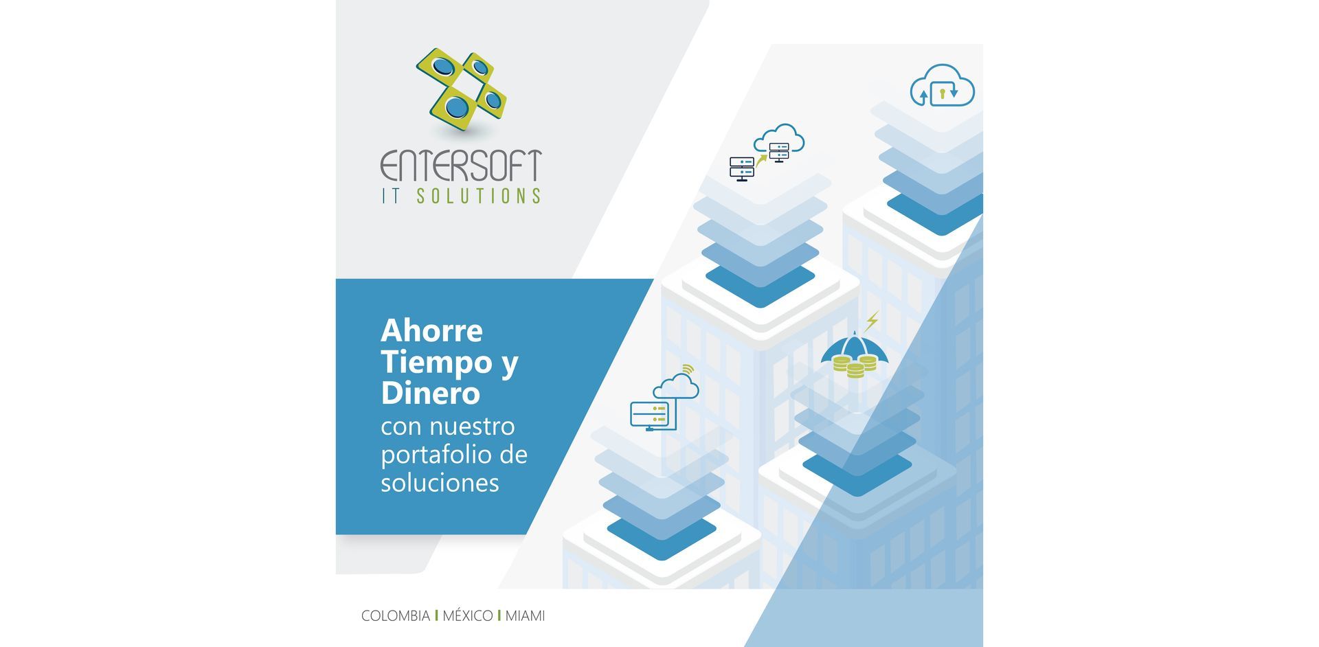 Diseño de folleto para Entersoft: ahorre tiempo y dinero. Azul y blanco, con ilustraciones de computación en la nube.