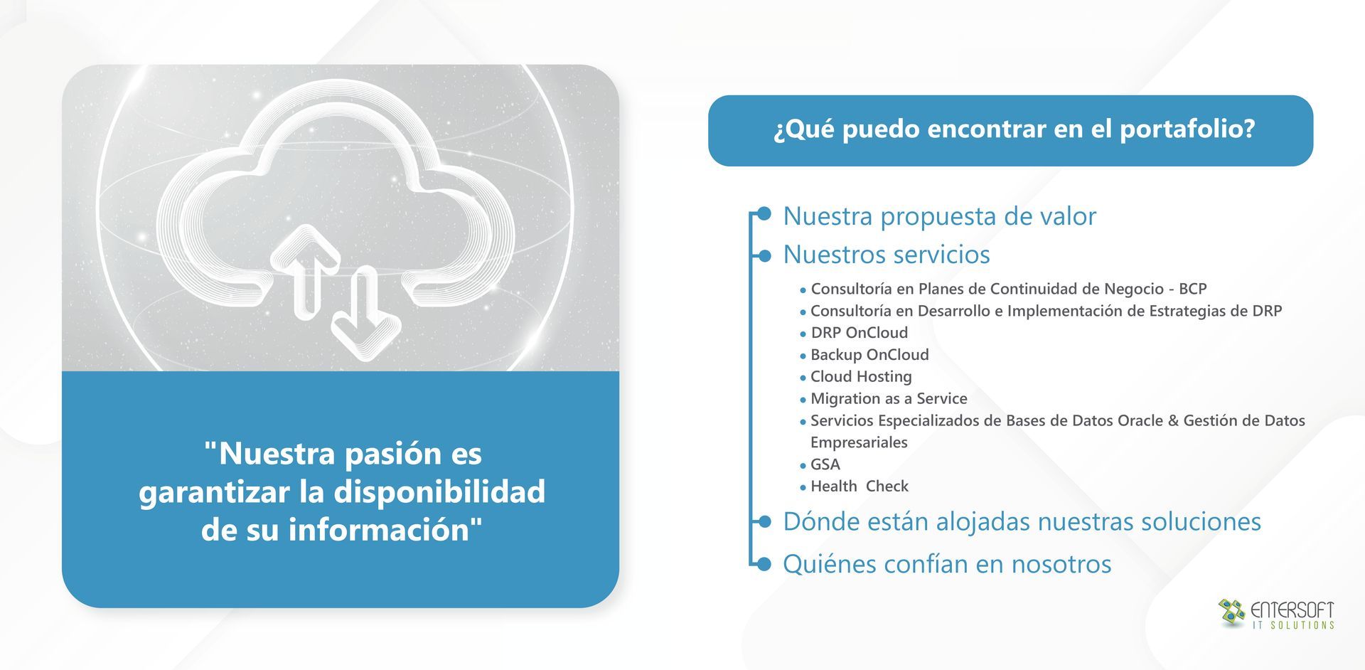 Gráfico con nube y texto sobre la disponibilidad de información. Enumera los elementos de un portafolio.
