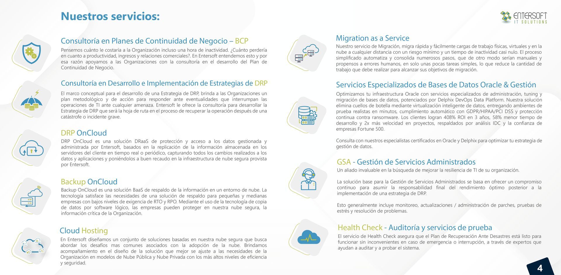 Página de servicios con descripciones de texto e iconos en azul y blanco.
