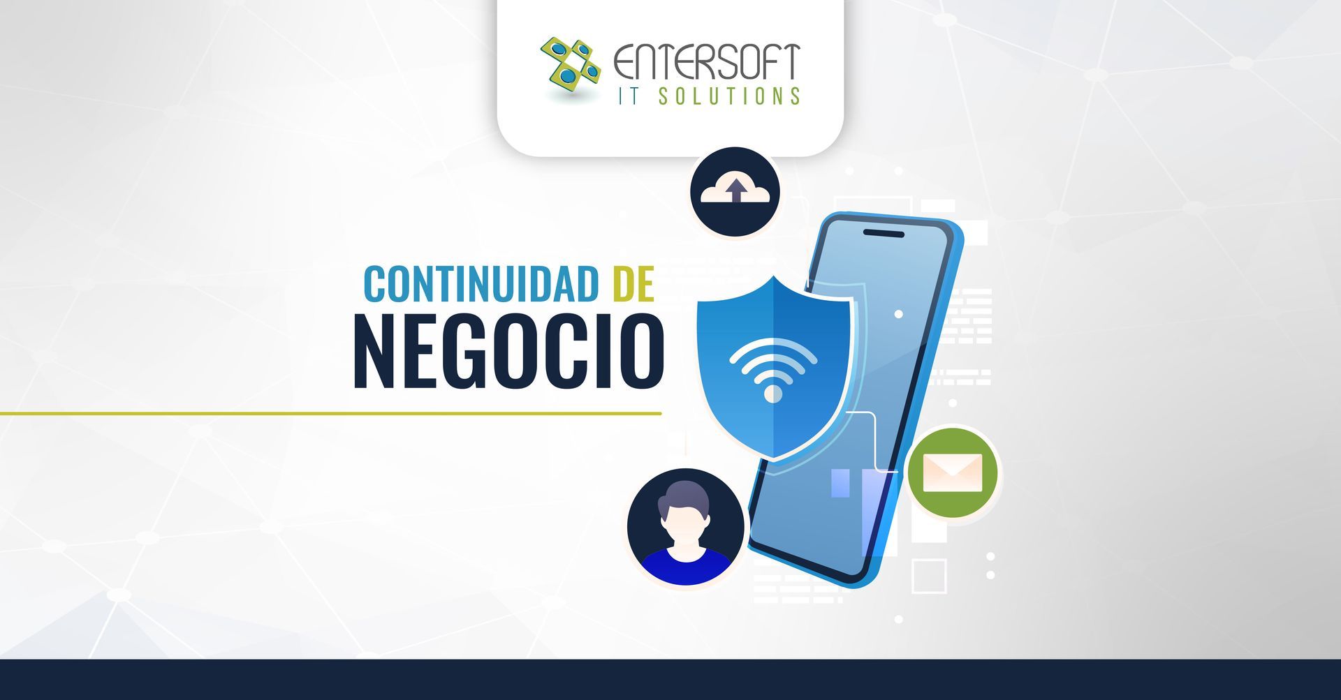 Concepto de continuidad empresarial con iconos de teléfono, escudo y nube.