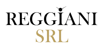Logo per Reggiani SRL, con testo nero e icona di un orologio, e testo SRL dorato.
