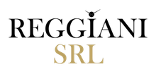 Logo per Reggiani SRL, con testo nero e icona di un orologio, e testo SRL dorato.