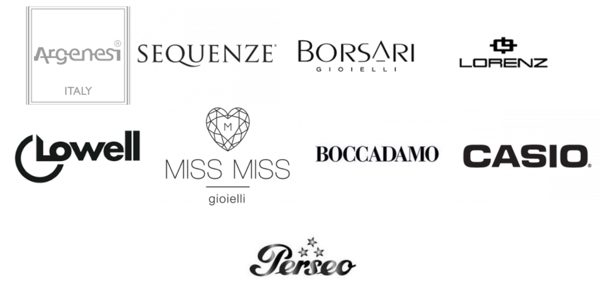 Loghi di vari marchi di gioielli e orologi, tra cui Argenesi, Casio e Miss Miss.