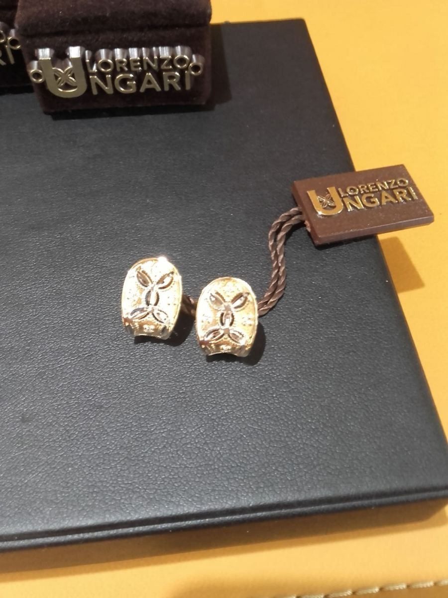 Orecchini Lorenzo Ungari color oro su un espositore nero, con etichetta del marchio e scatola sullo sfondo.