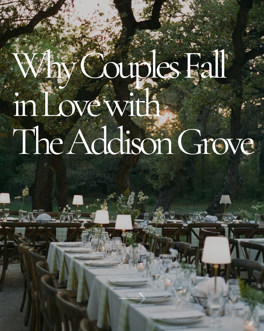 Outdoor reception tables set in a garden beneath text reading “Why Couples Fall in Love with The Addison Grove”