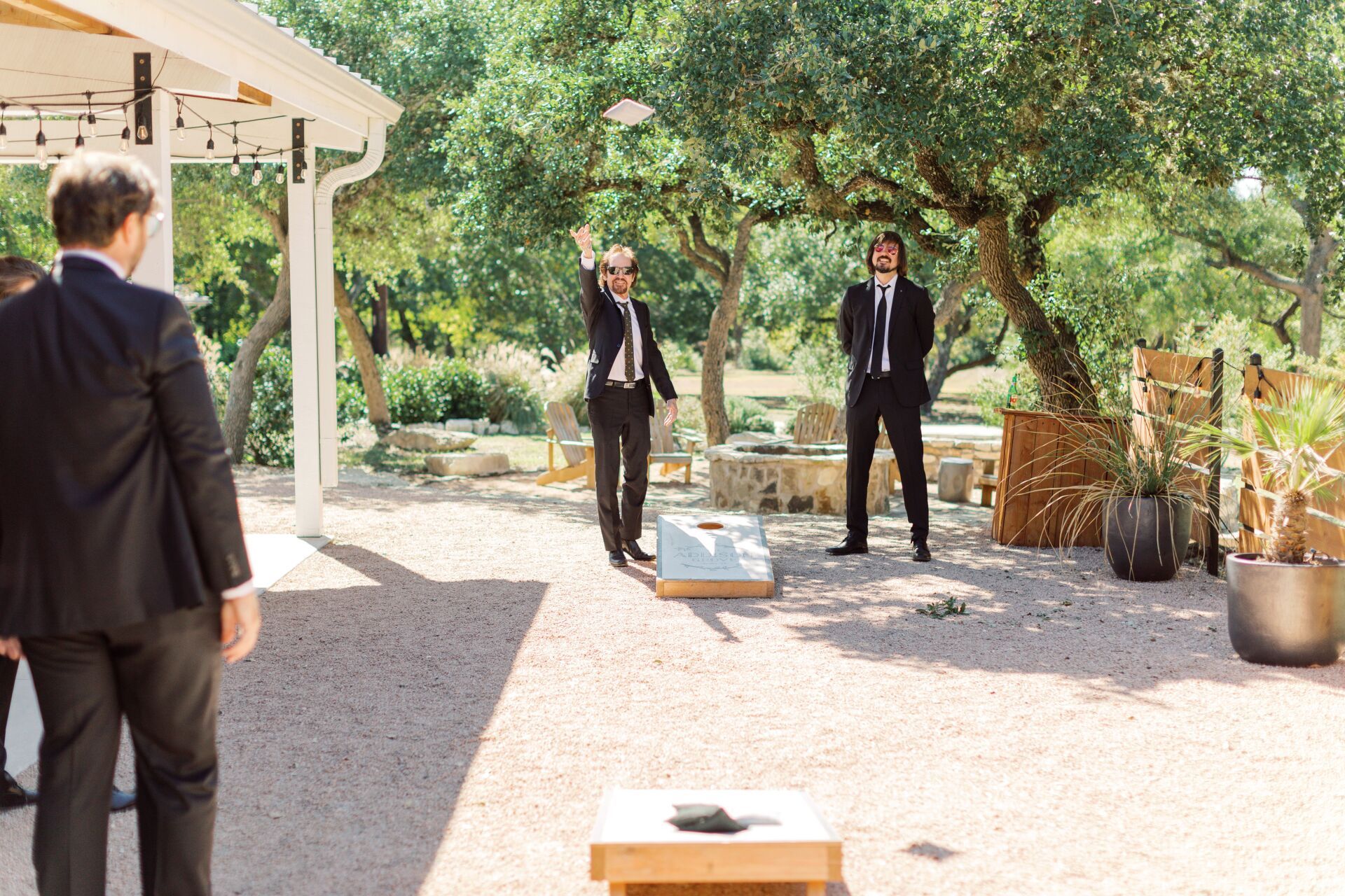 In-House Lawn Games Cornhole at The Addison Grove Austin, Texas Wedding Venue in Hill Country Texas
