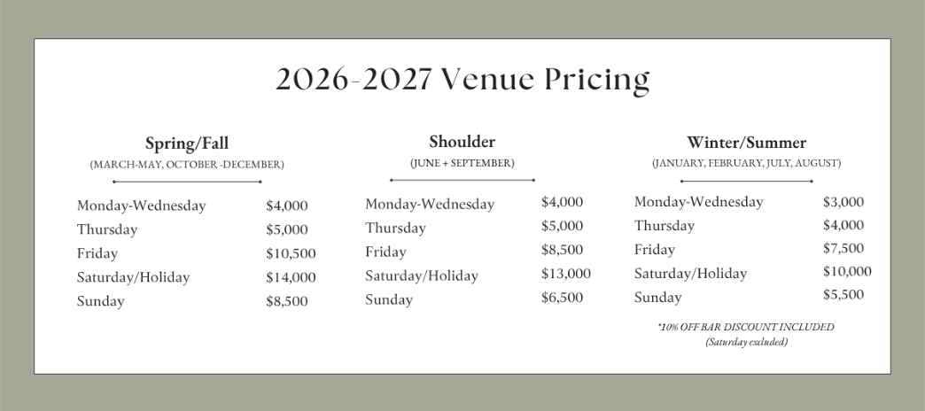 A price list table organized by Peak, Mid, and Off-Peak seasons, displaying rental rates for different days of the week.
