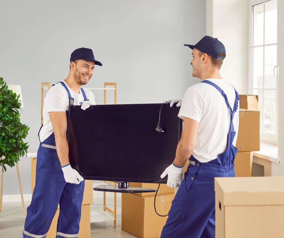 Two men are carrying a flat screen tv in a living room.