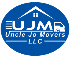 A blue logo for a company called uncle jo movers llc