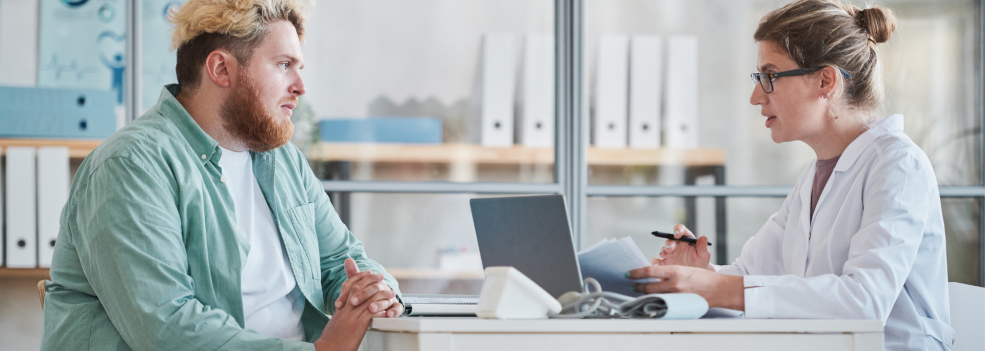 Picture of a person with obesity in consultation with a healthcare professional. Picture of a person with obesity in consultation with a healthcare professional.