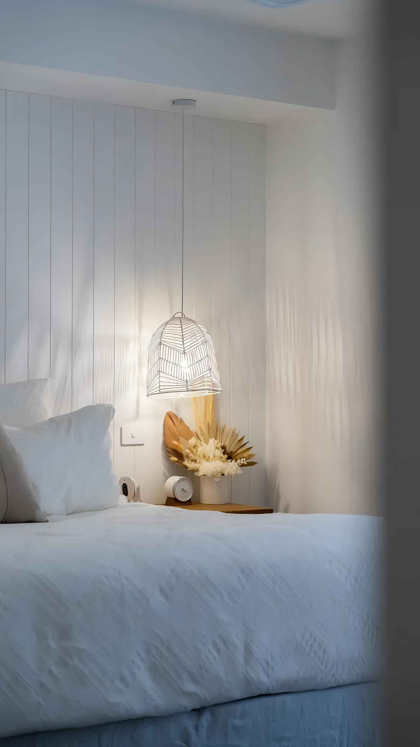 White Bedroom, Bed With Pillows, Lamp — Switched On Electrics in Wagga Wagga, NSW