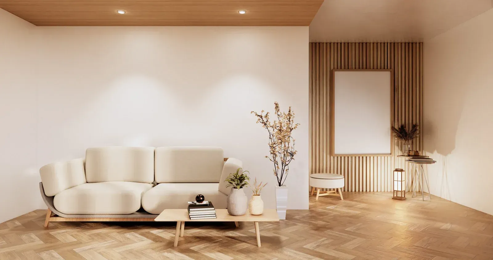 A living room with a couch , table , and a picture on the wall.