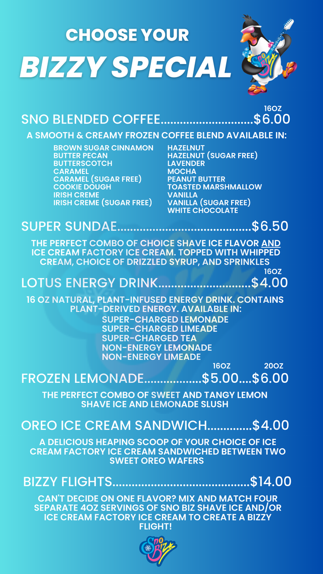 Menu — Sno 2 Go