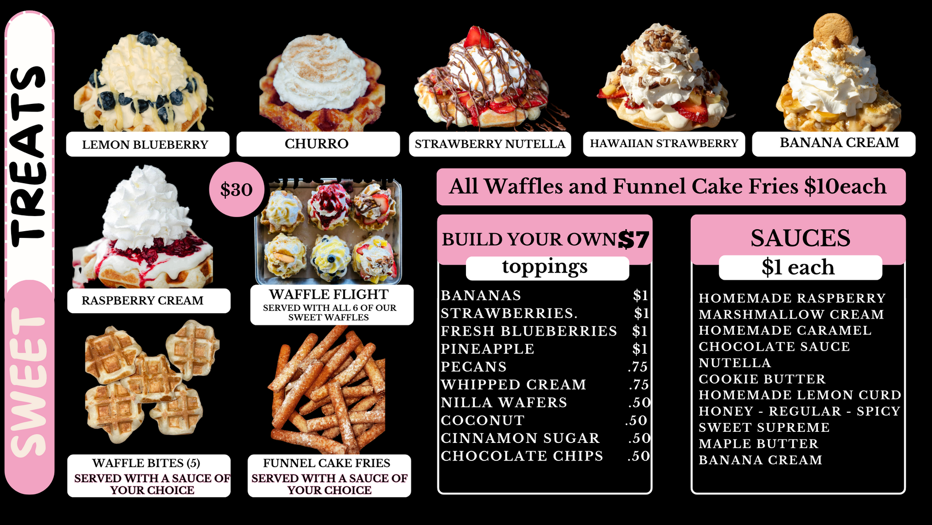 A menu for a restaurant with a picture of cupcakes on it