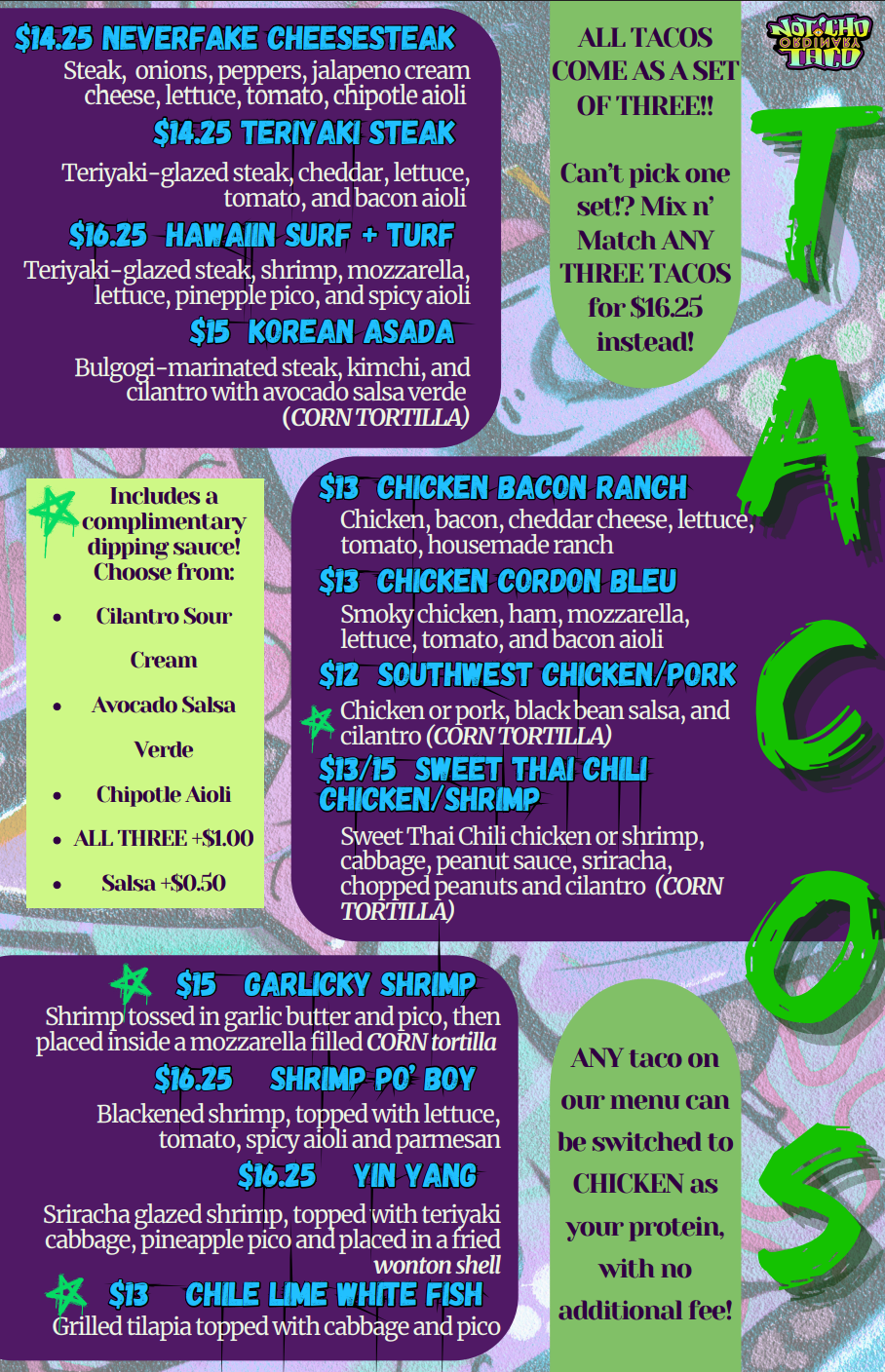 A menu for a restaurant called noti cho taco