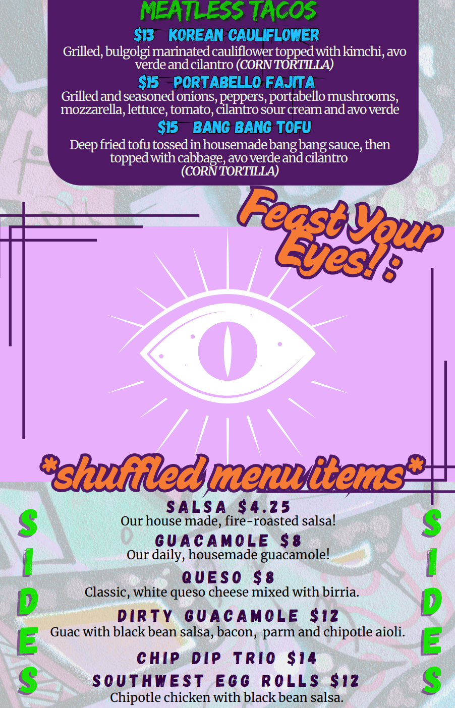 A menu for a restaurant called street vibe tacos